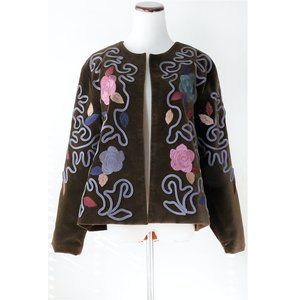 Vintage 90s Brown Velvet Floral Embroidered Jacket